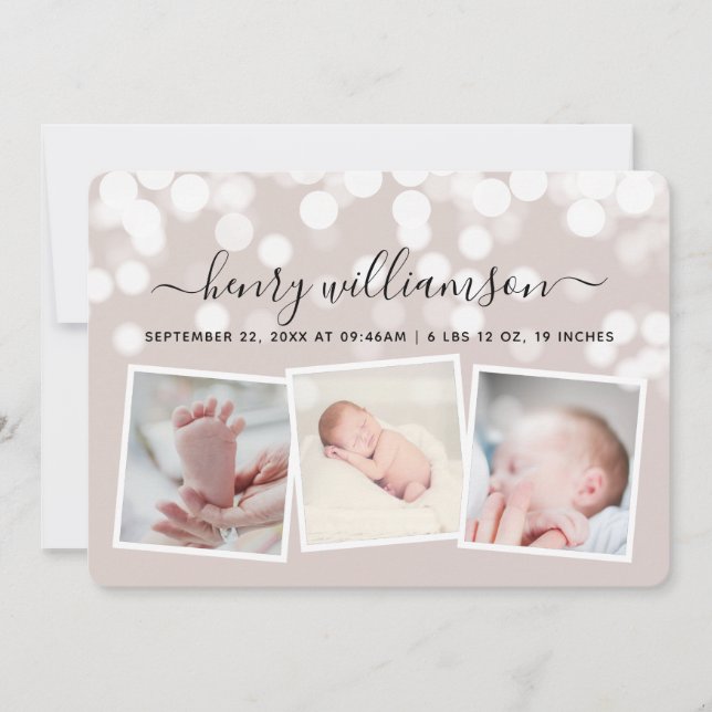 Moderne Bokeh Lights 3 Foto Geburtserklärung Ankündigung (Vorderseite)
