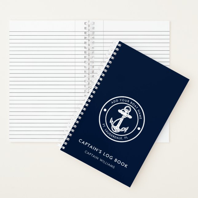 Moderne Bootsanker und Name Navy Blau Kapitäne Log Notizbuch (Innen)