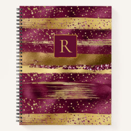 Moderne Bordeaux, goldene Pinselstriche und Monogr Notizbuch
