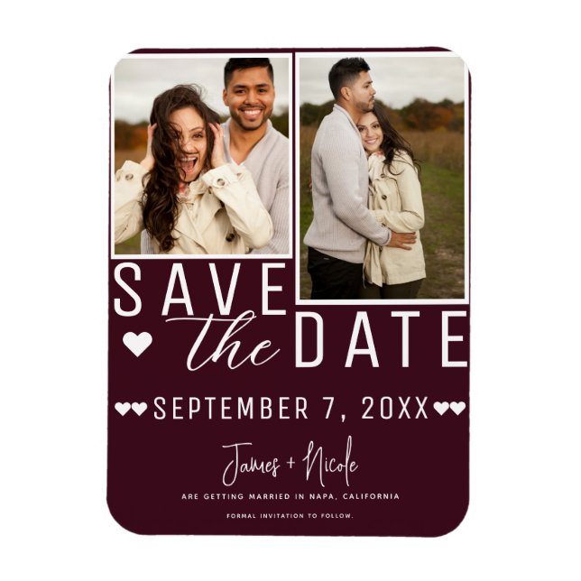 Moderne Bordeaux Rot Save the Date 2 Foto Hochzeit Magnet (Vertikal)