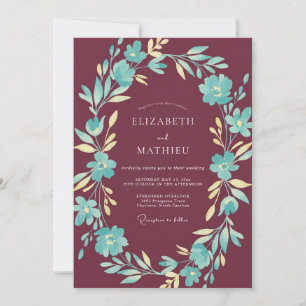 Moderne bordeauxblaue aqua-gemalte Hochzeit Einladung