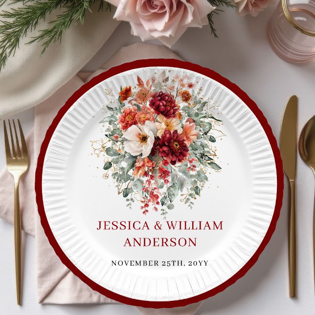 Moderne bordeauxgrüne Hochzeitspapierteller Pappteller (Modern Burgundy Greenery Wedding Paper Plates

)