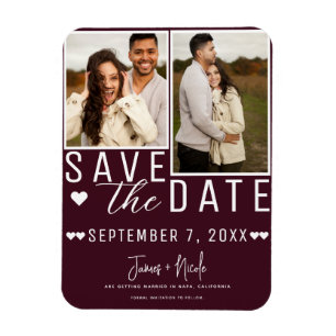 Moderne Bordeauxrote Save-the-Date-Hochzeit mit 2  Magnet