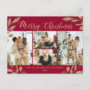 Moderne Bordo Gold Blätter Foto Collage Weihnachte Postkarte