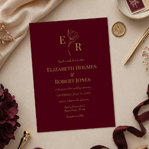 Moderne Borgundy-Floral-Monogramm-Hochzeit Einladung