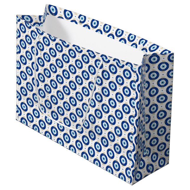Moderne Böser Blick Muster Blau & Gold Schutz Große Geschenktüte (Vorderseite Schrägansicht)