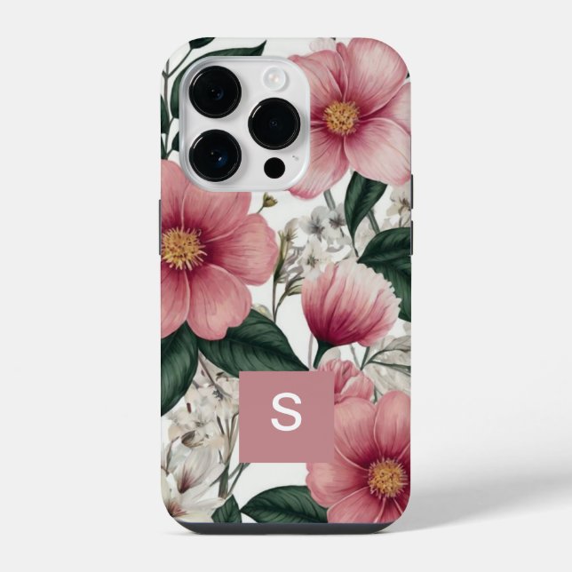 Moderne botanisch-rosa Blume Mit Monogramm iPhone Hülle (Rückseite)