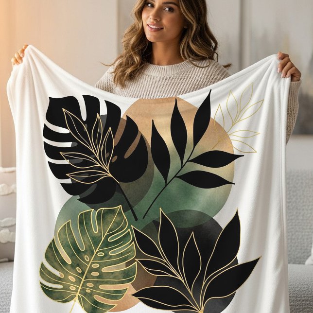 Moderne Botanische Abstrakte Kunst Schwarze und Go Fleecedecke (Von Creator hochgeladen)