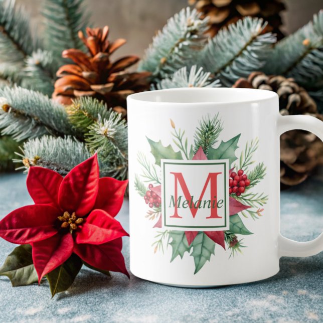 moderne botanische Aquarellfeiertage Monogramm Kaffeetasse (Von Creator hochgeladen)