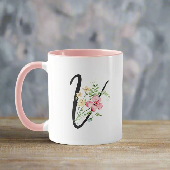 Moderne botanische Blume Script Letter "V" Tasse (Von Creator hochgeladen)