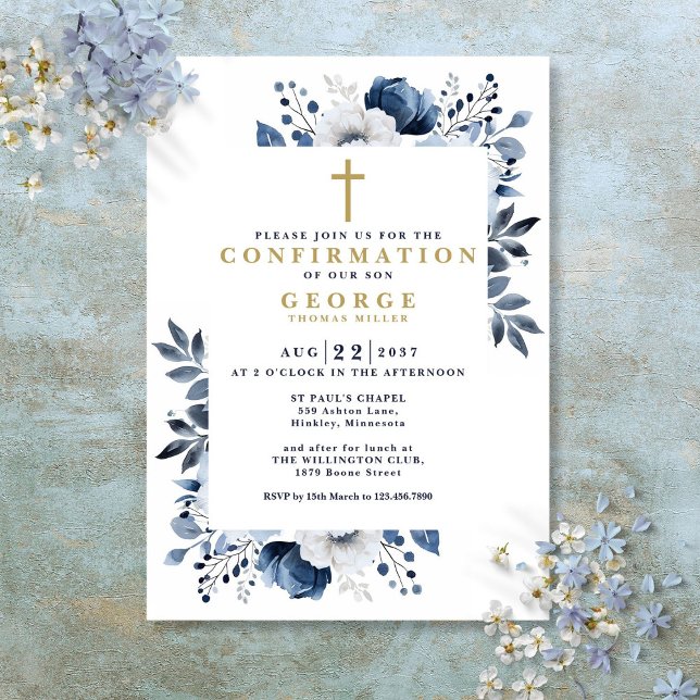 Moderne botanische Blumenbestätigung der Marine Einladung (Navy Blue Floral Botanical Modern Confirmation Invitation)