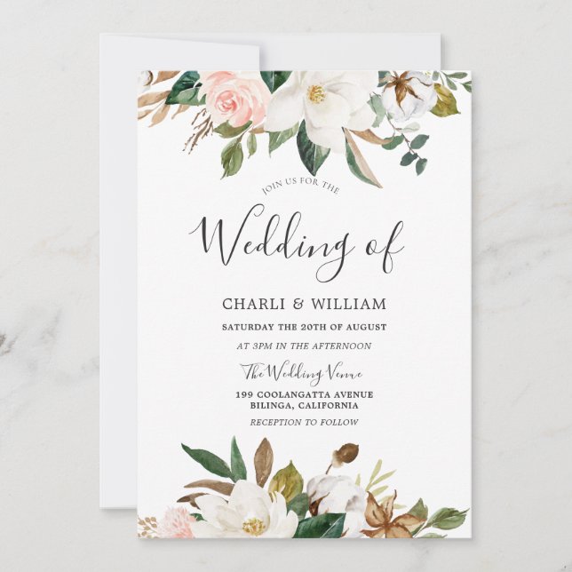 Moderne Botanische Blush & White Floral Wedding Einladung (Vorderseite)