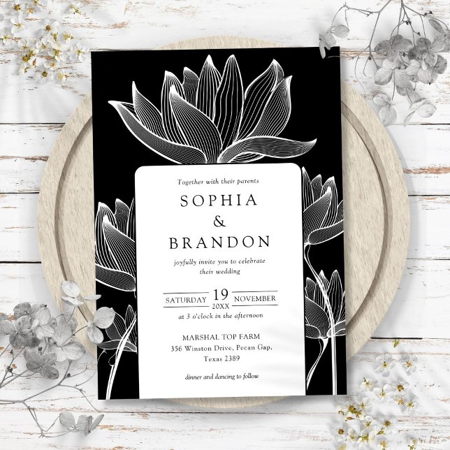 Moderne botanische Blütenhochzeit in Schwarz und W Einladung (Modern Botanical Floral Black And White Wedding Invitation)