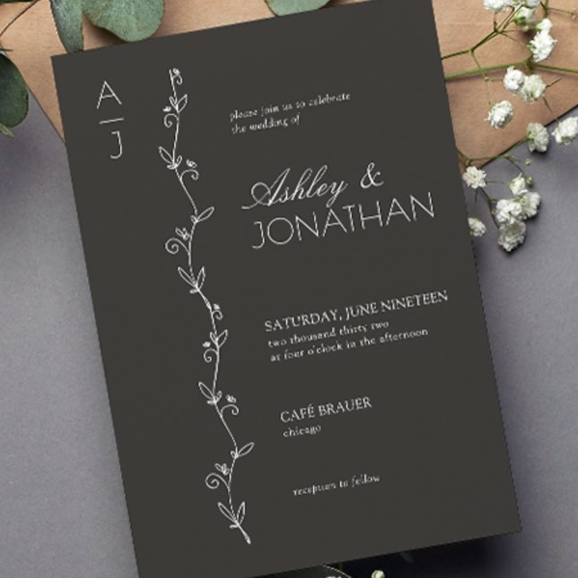 Moderne botanische Dividende Hochzeit Schwarz Einladung (Von Creator hochgeladen)