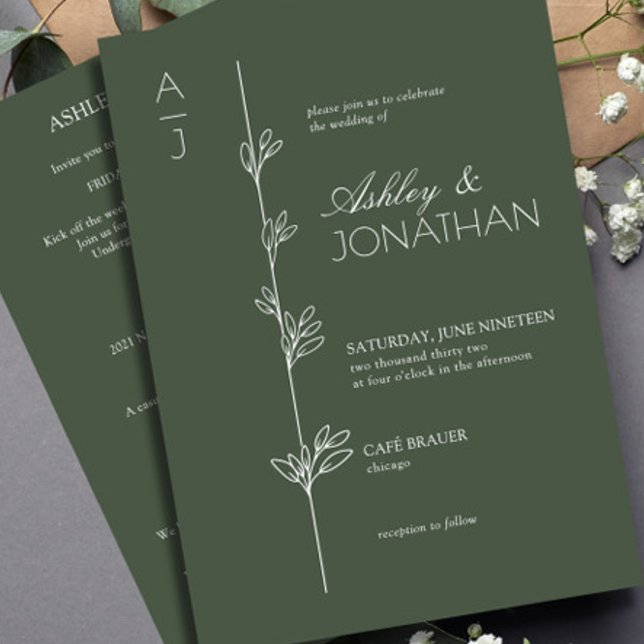 Moderne botanische Divider Hochzeit Grün All-in-On Einladung (Von Creator hochgeladen)