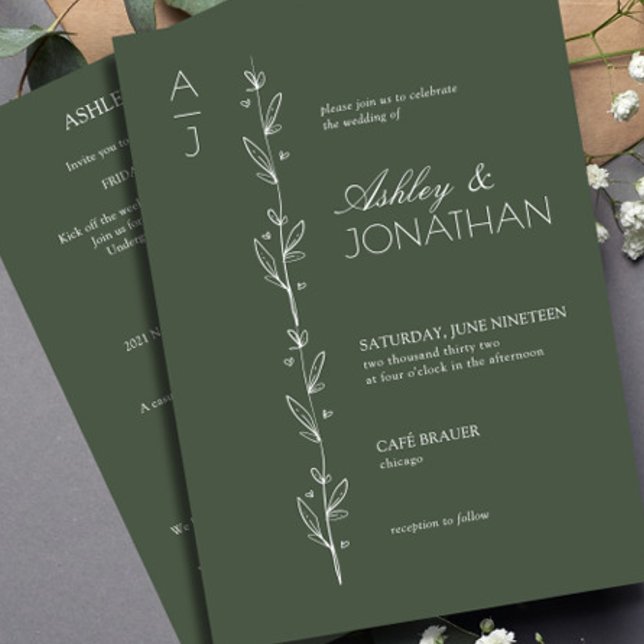 Moderne botanische Divider Hochzeit Grün All-in-On Einladung (Von Creator hochgeladen)