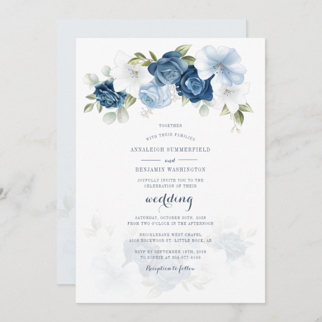 Moderne botanische Dusty Blue Floral Script Hochze Einladung (Vorne/Hinten)