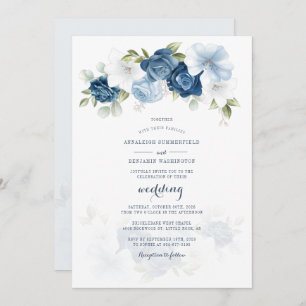Moderne botanische Dusty Blue Floral Script Hochze Einladung
