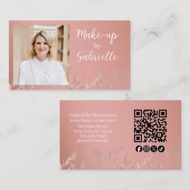 Moderne Botanische Dusty Rose Boho Foto QR Code Visitenkarte (Vorne/Hinten)