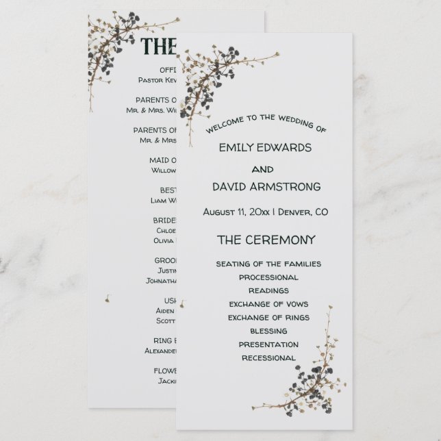 Moderne botanische elegante Hochzeitsprogramm (Vorne/Hinten)