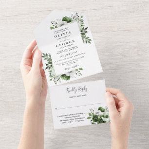 Moderne botanische Floral-Hochzeit in Olivgrün All In One Einladung