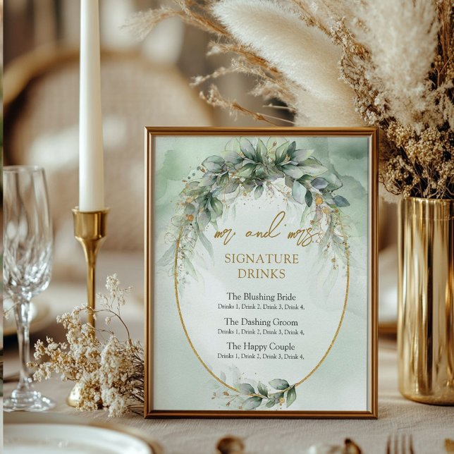 Moderne botanische Gärten mit goldener Note Poster (Modern botanical greenery gold signature drinks poster)