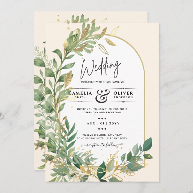Moderne botanische Greenerie Leaf Gold Wedding Ein Einladung (Vorne/Hinten)
