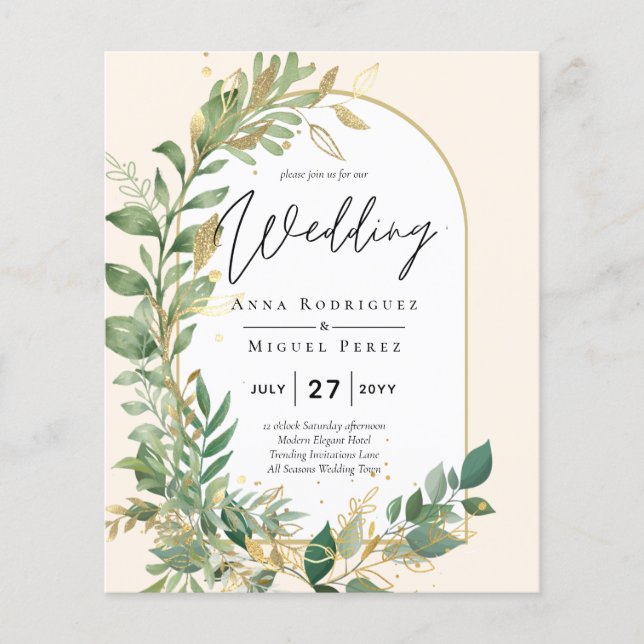 Moderne botanische Greenerie Leaf Gold Wedding Ein Flyer (Vorne)