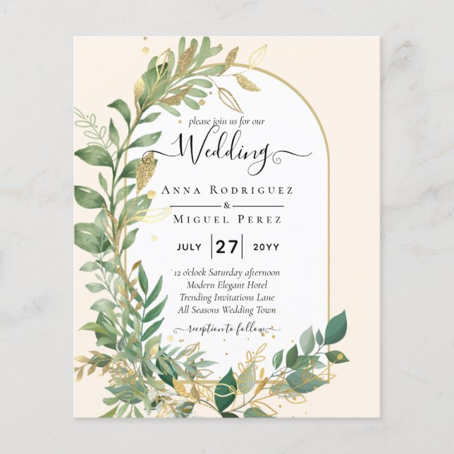 Moderne botanische Greenerie Leaf Gold Wedding Ein Flyer (Vorne)