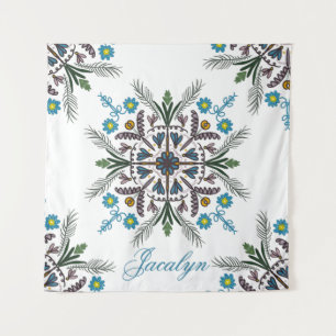 Moderne botanische Grüne Bohemian Mandala Name Wandteppich