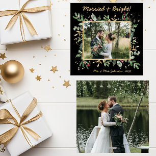 Moderne botanische Grünpflanzen-Foto Hochzeit & He Feiertagskarte
