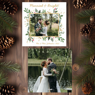 Moderne botanische Grünpflanzen-Foto Hochzeit & He Feiertagskarte