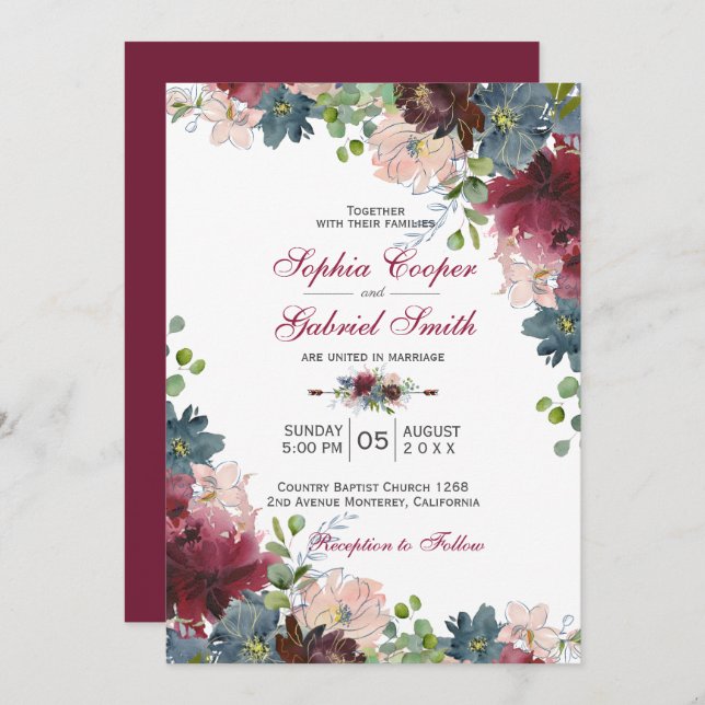Moderne Botanische Hochzeit der Marine Pink Floral Einladung (Vorne/Hinten)