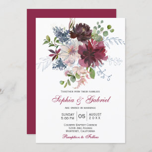 Moderne Botanische Hochzeit der Marine Pink Floral Einladung