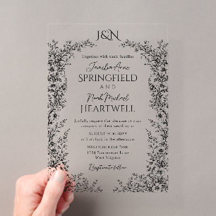 Moderne botanische Hochzeit in Schwarz-Weiß Acryleinladungen