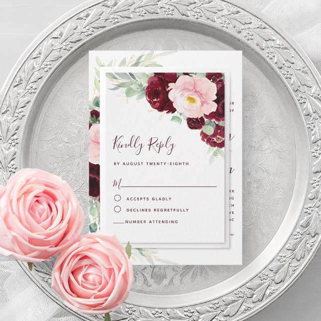 Moderne Botanische Hochzeit mit dem Burgund RSVP Karte (Von Creator hochgeladen)