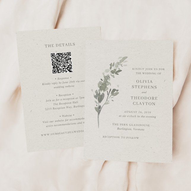 Moderne Botanische Hochzeit mit QR-Code in Salbeig Einladung (Von Creator hochgeladen)