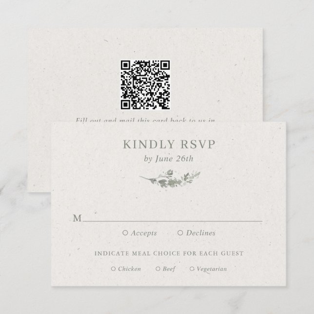 Moderne Botanische Hochzeit mit QR-Code in Salbeig RSVP Karte (Vorne/Hinten)