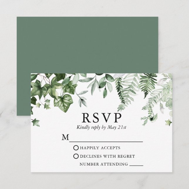 Moderne botanische Ivy Ferns Sage Green Wedding RSVP Karte (Vorne/Hinten)