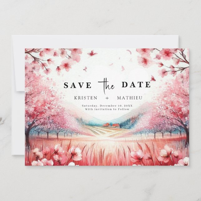 Moderne Botanische Kirschblossom Hochzeit Save The Date (Vorderseite)