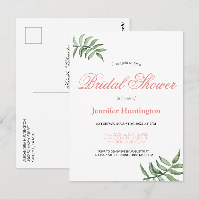 Moderne Botanische Korallendusche Einladung Postkarte (Vorne/Hinten)