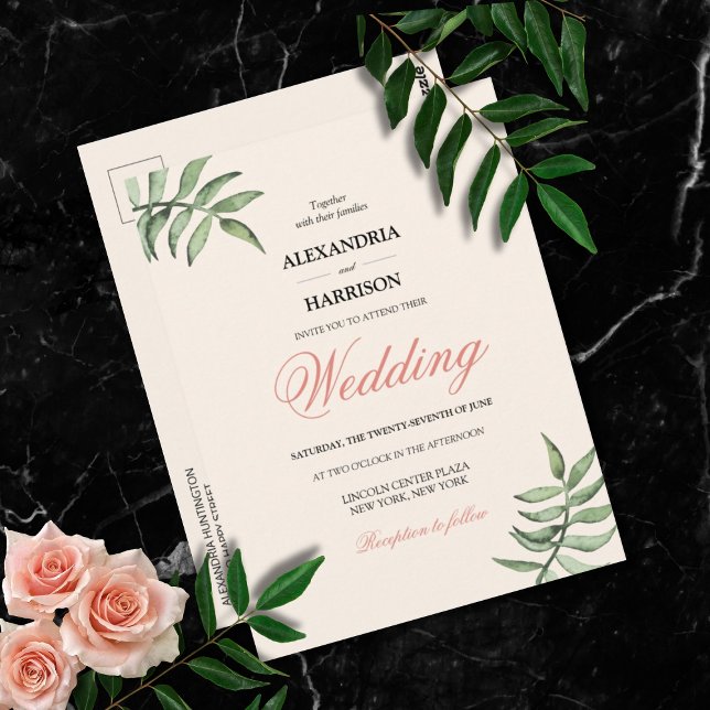 Moderne botanische Korallenhochzeit Postkarte (Modern Soft Peach Botanical Wedding Invitation Postcard)