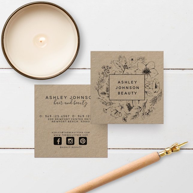 Moderne botanische Kraft und schwarze Flora Quadratische Visitenkarte (Von Creator hochgeladen)