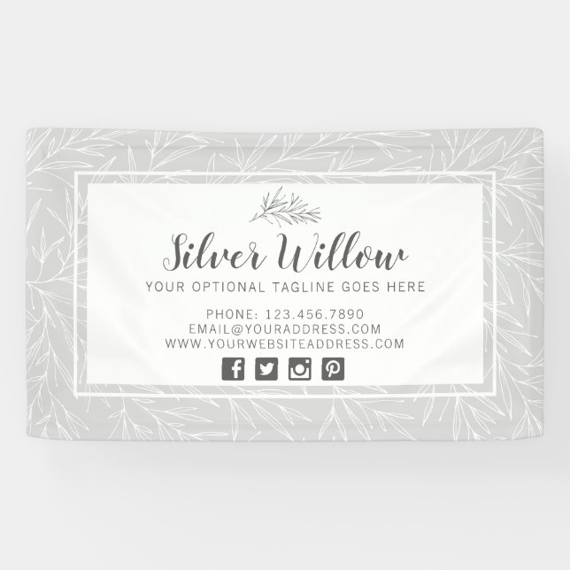 Moderne Botanische Leaf-Branchen Silver Minimalist Banner (Horizontal)