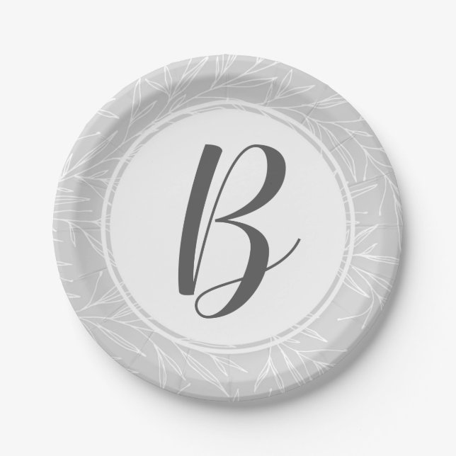Moderne Botanische Leaf-Silber-Monogramm-Hochzeit Pappteller (Vorderseite)