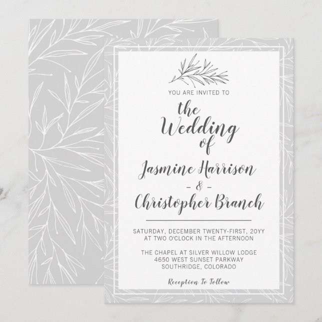 Moderne botanische Leaf Silver Wedding Einladung (Vorne/Hinten)
