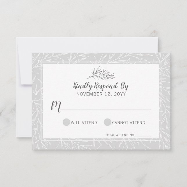 Moderne botanische Leaf Silver Wedding RSVP Card Karte (Vorderseite)