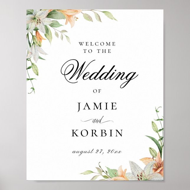 Moderne Botanische Lily Floral Wedding Willkommen Poster (Vorne)