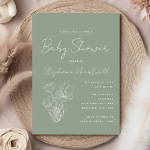 Moderne botanische Linienkunst Hellgrüne Babyparty Einladung
