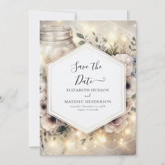 Moderne botanische Mason Jar Wedding Save The Date (Vorderseite)